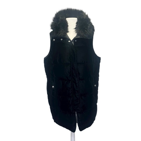 Sam Edelman Faux Fur Trim Velvet Long Vest Puffer Black Womens Large - Picture 1 of 13
